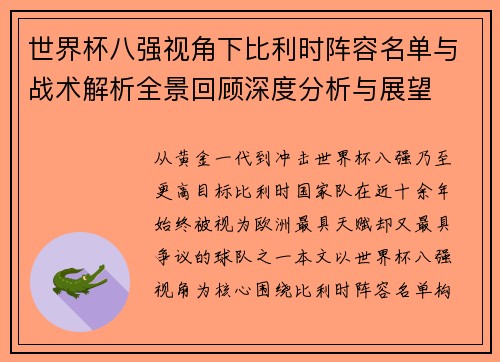 世界杯八强视角下比利时阵容名单与战术解析全景回顾深度分析与展望